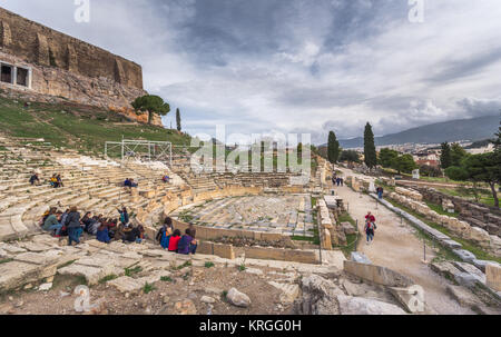 The ancient theater of Dionysus under the ruins of Acropolis, Athens, Greece Stock Photo