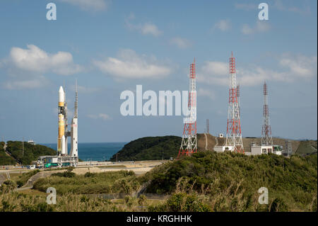 A Japanese H-IIA rocket carrying the NASA-Japan Aerospace Exploration Agency (JAXA), Global Precipitation Measurement (GPM) Core Observatory is seen as it rolls out to launch pad 1 of the Tanegashima Space Center, Thursday, Feb. 27, 2014, Tanegashima, Japan. Once launched, the GPM spacecraft will collect information that unifies data from an international network of existing and future satellites to map global rainfall and snowfall every three hours.  Photo Credit: (NASA/Bill Ingalls) Global Precipitation Measurement (GPM) Mission (12812960513) Stock Photo