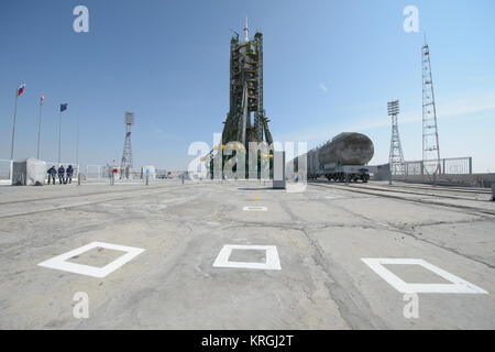 The Soyuz TMA-12M spacecraft as seen at the  launch pad at the Baikonur Cosmodrome on Monday, March 24, 2014 in Kazakhstan.  Launch of the Soyuz rocket is scheduled for March 26 and will send  Expedition 39 Soyuz Commander Alexander Skvortsov of the Russian Federal Space Agency, Flight Engineer Steve Swanson of NASA, and Flight Engineer Oleg Artemyev of Roscosmos on a six-month mission aboard the International Space Station.Photo Credit: (NASA/Joel Kowsky) Expedition 39 Preflight (201403240008HQ) Stock Photo