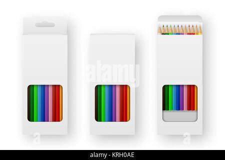 Vector realistic box of colored pencils icon set closeup isolated on white background. Design template, clipart or mockup for graphics - web, app, branding, advertising. Top view Stock Vector