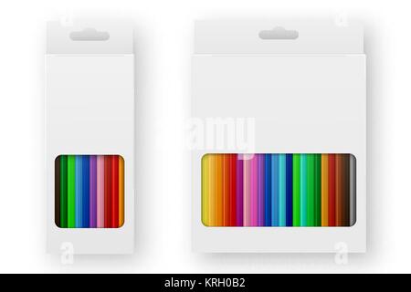 Vector realistic box of colored pencils icon set closeup isolated on white background. Design template, clipart or mockup for graphics - web, app, branding, advertising. Top view Stock Vector