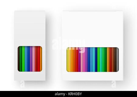 Vector realistic box of colored pencils icon set closeup isolated on white background. Design template, clipart or mockup for graphics - web, app, branding, advertising. Top view Stock Vector