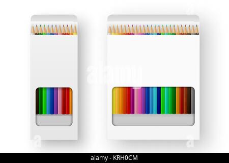 Vector realistic box of colored pencils icon set closeup isolated on white background. Design template, clipart or mockup for graphics - web, app, branding, advertising. Top view Stock Vector