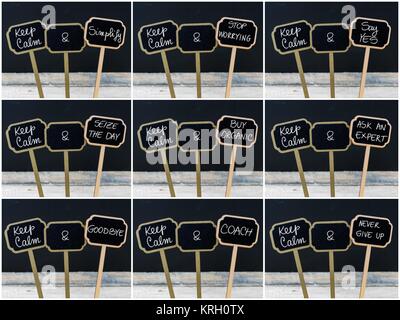 Photo collage of Keep Calm messages written with chalk on mini blackboard labels Stock Photo