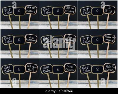 Photo collage of Keep Calm messages written with chalk on mini blackboard labels Stock Photo