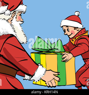 Santa Claus gives the boy a box of gifts Stock Photo