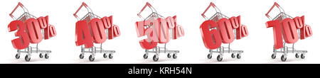 30%, 40%, 50%, 60%, 70% percent discount in front of shopping cart. Sale concept. 3D Stock Photo