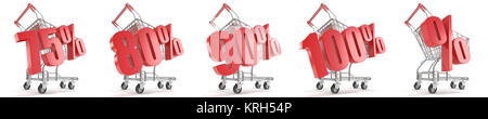 75%, 80%, 90%, 100%, % ercent discount in front of shopping cart. Sale concept. 3D Stock Photo
