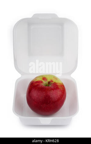 Red apple in a fast food packaging on white background Stock Photo