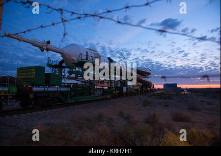 The Soyuz TMA-14M spacecraft is rolled out to the launch pad by train on Tuesday, Sept. 23, 2014 at the Baikonur Cosmodrome in Kazakhstan.  Launch of the Soyuz rocket is scheduled for Sept. 26 and will carry Expedition 41 Soyuz Commander Alexander Samokutyaev of the Russian Federal Space Agency (Roscosmos), Flight Engineer Barry Wilmore of NASA, and Flight Engineer Elena Serova of Roscosmos into orbit to begin their five and a half month mission on the International Space Station. Photo Credit: (NASA/Aubrey Gemignani) Expedition 41 Rollout (201409230014HQ) Stock Photo