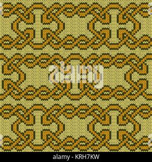 Knitted ornate interlaced seamless vector pattern as a fabric texture in yellow and green hues Stock Vector