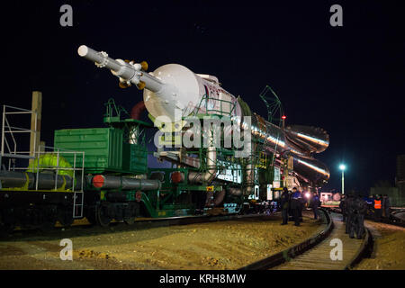 The Soyuz TMA-15M spacecraft is rolled out to the launch pad by train on Friday, Nov. 21, 2014 at the Baikonur Cosmodrome in Kazakhstan.  Launch of the Soyuz rocket is scheduled for Nov. 24 and will carry Expedition 42 Soyuz Commander Anton Shkaplerov of the Russian Federal Space Agency (Roscosmos), Flight Engineer Terry Virts of NASA , and Flight Engineer Samantha Cristoforetti of the European Space Agency into orbit to begin their five and a half month mission on the International Space Station. Photo Credit: (NASA/Aubrey Gemignani) Expedition 42 Soyuz Rollout (201411210005HQ) Stock Photo