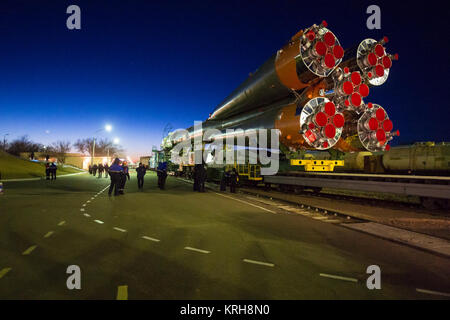 The Soyuz TMA-15M spacecraft is rolled out to the launch pad by train on Friday, Nov. 21, 2014 at the Baikonur Cosmodrome in Kazakhstan.  Launch of the Soyuz rocket is scheduled for Nov. 24 and will carry Expedition 42 Soyuz Commander Anton Shkaplerov of the Russian Federal Space Agency (Roscosmos), Flight Engineer Terry Virts of NASA , and Flight Engineer Samantha Cristoforetti of the European Space Agency into orbit to begin their five and a half month mission on the International Space Station. Photo Credit: (NASA/Aubrey Gemignani) Expedition 42 Soyuz Rollout (201411210010HQ) Stock Photo