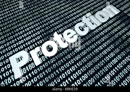 The word protection in front of a binary background symbolizing the digital code of software protecting your computer system. Stock Photo