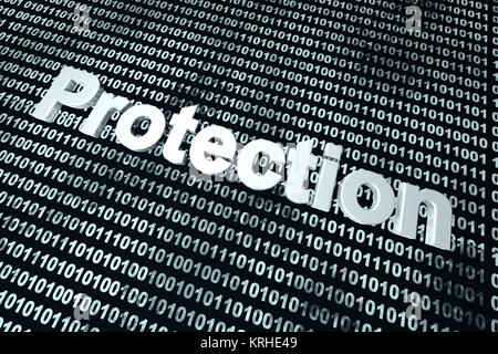The word protection in front of a binary background symbolizing the digital code of software protecting your computer system. Stock Photo