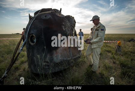 The Soyuz TMA-15M spacecraft, with Expedition 43 commander Terry Virts of NASA, cosmonaut Anton Shkaplerov of the Russian Federal Space Agency (Roscosmos), and Italian astronaut Samantha Cristoforetti from European Space Agency (ESA) still onboard, is seen after it landed near the town of Zhezkazgan, Kazakhstan on Thursday, June 11, 2015. Virtz, Shkaplerov, and Cristoforetti are returning after more than six months onboard the International Space Station where they served as members of the Expedition 42 and 43 crews. Photo Credit: (NASA/Bill Ingalls) Expedition 43 Soyuz TMA-15M Landing (201506 Stock Photo