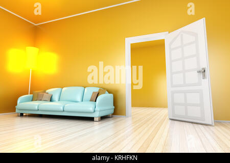 A yellow apartment with a open door. 3D illustration. Stock Photo