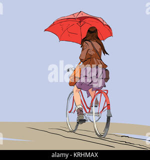 Girl on bike with umbrella autumn rain Stock Photo