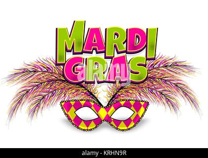 Comic book text cartoon vector illustration pop art. Realistic colored texture mask feather. Isolated white background. Mardi Gras - Fat Tuesday carni Stock Vector
