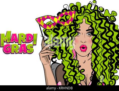 Pop-art woman girl wow face kitsch fashion. Hold hand mask. Mardi Gras - Fat Tuesday carnival carnival in a French-speaking country. Comic book cartoo Stock Vector