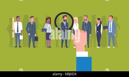 Hr Hand Holding Magnifying Glass Pick Businessman Of Group Of Business People Candidate Recruitment Concept Stock Vector