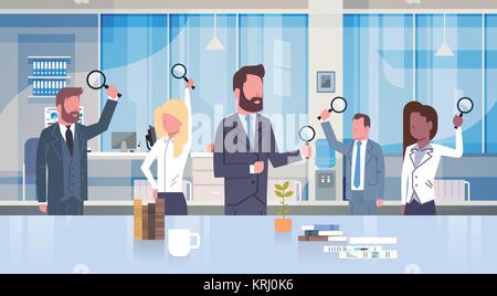 Group Of Business People Holding Magnifying Glass Working In Modern Office Concept Team Of Businessmen And Businesswomen Workplace Interior Stock Vector