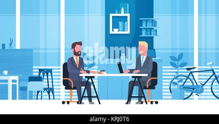 Business Man On Job Interview With Hr Manager, Two Businessmen Sitting At Desk On Meeting In Creative Office