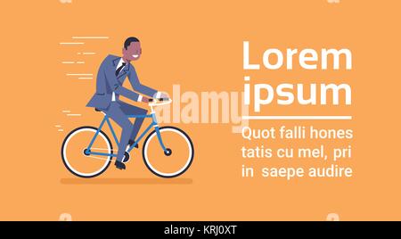 African American Business Man In Suit Ride Bicycle Over Template Blue Background With Copy Space Stock Vector