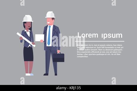 Woman Architect Meeting With Business Man Discussing Blueprint Of Building Construction Workers Concept Stock Vector