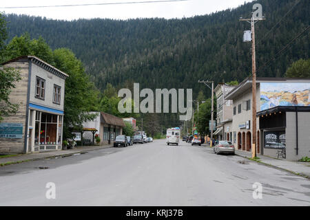 Restored, turn of the century storefronts on the main street in the old mining town of Stewart, British Columbia, Canada. Stock Photo