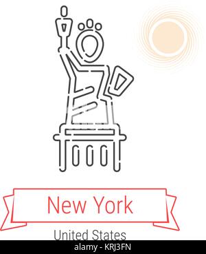New York, United States Vector Line Icon with Red Ribbon Isolated on White. New York Landmark - Emblem - Print - Label - Symbol. The Statue of Liberty Stock Vector