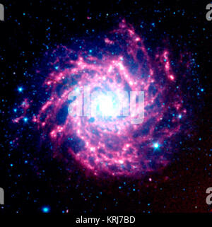 Astronomers using NASA's Spitzer Space Telescope have created this infrared image of the spiral galaxy  M74, as seen by Spitzer's Infrared Array Camera. The blue dots represent hot gas and stars. The galaxy's cool dust is shown in red.  The image is a false-color, infrared composite, in which 3.6-micron light is blue, 4.5-micron light is green, and 8-micron light is red. NASA's Spitzer Space Telescope View of M74 Stock Photo