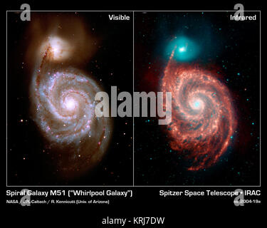 NASA's Spitzer Space Telescope has captured these infrared images of the "Whirlpool Galaxy," revealing strange structures bridging the gaps between the dust-rich spiral arms, and tracing the dust, gas and stellar populations in both the bright spiral galaxy and its companion.  The Spitzer image is a four-color composite of invisible light, showing emissions from wavelengths of 3.6 microns (blue), 4.5 microns (green), 5.8 microns (orange) and 8.0 microns (red). These wavelengths are roughly 10 times longer than those seen by the human eye.  The visible light image comes from the Kitt Peak Natio Stock Photo
