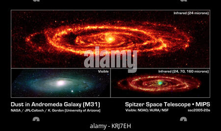NASA's Spitzer Space Telescope has captured stunning infrared views of the famous Andromeda galaxy to reveal insights that were only hinted at in visible light.  Spitzer's 24-micron mosaic (top panel) is the sharpest image ever taken of the dust in another spiral galaxy. This is possible because Andromeda is a close neighbor to the Milky Way at a mere 2.5 million light-years away.  The Spitzer multiband imaging photometer's 24-micron detector recorded 11,000 separate snapshots to create this new comprehensive picture. Asymmetrical features are seen in the prominent ring of star formation. The  Stock Photo
