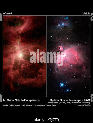 This image composite compares infrared and visible views of the famous Orion nebula and its surrounding cloud, an industrious star-making region located near the hunter constellation's sword. The infrared picture is from NASA's Spitzer Space Telescope, and the visible image is from the National Optical Astronomy Observatory, headquartered in Tucson, Ariz.  In addition to Orion, two other nebulas can be seen in both pictures. The Orion nebula, or M42, is the largest and takes up the lower half of the images; the small nebula to the upper left of Orion is called M43; and the medium-sized nebula  Stock Photo