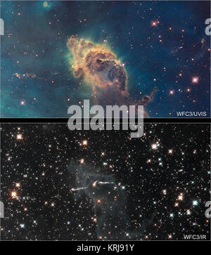 These two images of a huge pillar of star birth demonstrate how observations taken in visible and in infrared light by the NASA/ESA Hubble Space Telescope reveal dramatically different and complementary views of an object. The pictures demonstrate one example of the broad wavelength range of the new Wide Field Camera 3 (WFC3) aboard the Hubble telescope, extending from ultraviolet to visible to infrared light. Composed of gas and dust, the pillar resides in a tempestuous stellar nursery called the Carina Nebula, located 7500 light-years away in the southern constellation of Carina. The pair of Stock Photo