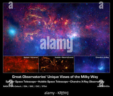 In celebration of the International Year of Astronomy 2009, NASA's Great Observatories -- the Hubble Space Telescope, the Spitzer Space Telescope, and the Chandra X-ray Observatory -- have produced a matched trio of images of the central region of our Milky Way galaxy. Each image shows the telescope's different wavelength view of the galactic center region, illustrating the unique science each observatory conducts.   Bottom Left - Spitzer's infrared-light observations provide a detailed and spectacular view of the galactic center region. The swirling core of our galaxy harbors hundreds of thou Stock Photo