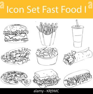 Drawn Doodle Lined Icon Set Fast Food I with 16 icons for the creative use in graphic design Stock Vector