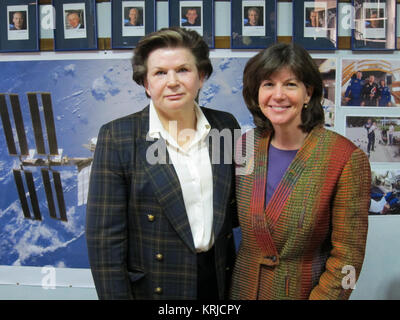 At the Gagarin Cosmonaut Training Center in Star City, Russia, Expedition 26 Flight Engineer Catherine Coleman of NASA (right) meets with Valentina Tereshkova, the first woman to fly in space, on the eve of Coleman’s departure for the Baikonur Cosmodrome in Kazakhstan, where she and her crewmates, Dmitry Kondratyev and Paolo Nespoli of the European Space Agency will launch December 16, Baikonur time, on the Soyuz TMA-20 spacecraft to the International Space Station. Tereshkova, 73, became the first woman to fly in space on June 16, 1963 aboard the Vostok 6 spacecraft.  Credit: NASA/Mike Fossum Stock Photo