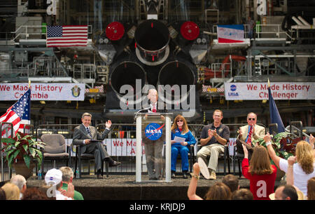 NASA Administrator Charles Bolden announces where four space shuttle orbiters will be permanently displayed at the conclusion of the Space Shuttle Program during an event held at one of the Orbiter Processing Facilities, Tuesday, April 12, 2011, at Kennedy Space Center in Cape Canaveral, Fla. The four orbiters, Enterprise, which currently is on display at the Smithsonian's Steven F. Udvar-Hazy Center near Washington Dulles International Airport, will move to the Intrepid Sea, Air & Space Museum in New York, Discovery will move to Udvar-Hazy, Endeavour will be displayed at the California Scienc Stock Photo