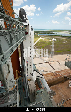 The space shuttle Endeavour is seen on launch pad 39a after the rollback of the Rotating Service Structure (RSS), Sunday, May 15, 2011, at Kennedy Space Center in Cape Canaveral, Fla. During the mission, Endeavour and the STS-134 crew will deliver the Alpha Magnetic Spectrometer (AMS) and spare parts including two S-band communications antennas, a high-pressure gas tank and additional spare parts for Dextre. Launch is targeted for Monday, May 16 at 8:56 a.m. EDT.  Photo credit: (NASA/Bill Ingalls) SS Endeavour STS134 on launch pad Stock Photo