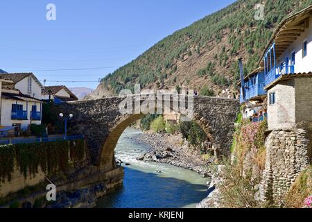 Puente colonial Carlos Tercero Paucartambo Peru. Stone bridge Carlos III from colonial times in Paucartambo. Built in 1775 Stock Photo