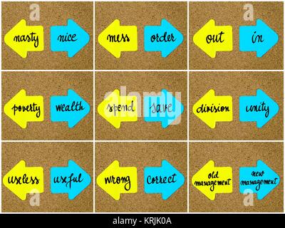 Antonym concepts written on opposite arrows Stock Photo