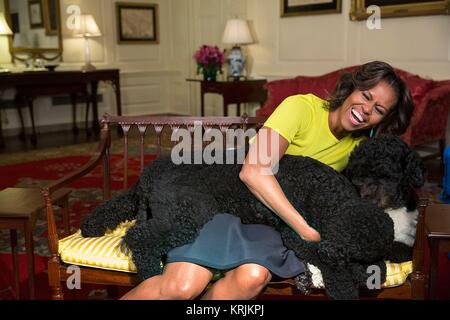 U.S. First Lady Michelle Obama hugs family dogs Sunny (left) and Bo at the White House Map Room April 14, 2014 in Washington, DC. Stock Photo