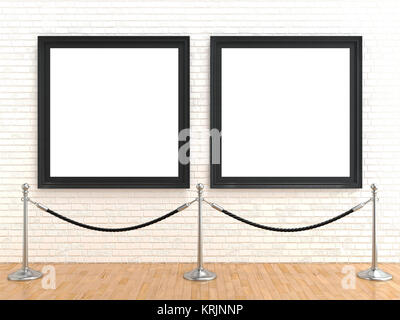 Two blank picture frame on brick wall, with stand rope barriers, 3D Stock Photo