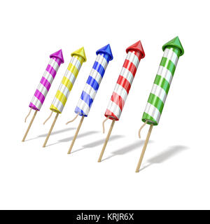 Colorful fireworks rockets. 3D Stock Photo