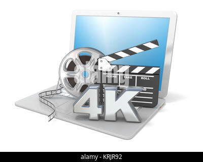 Laptop with film reels, movie clapper board and 4K video icon. 3D Stock Photo