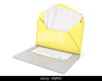 Open envelope and blank lined paper on laptop. Side view. 3D Stock Photo