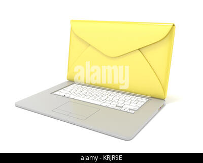 Closed envelope on laptop. Side view. 3D Stock Photo