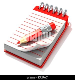 Red notepad and red pen, 3D Stock Photo